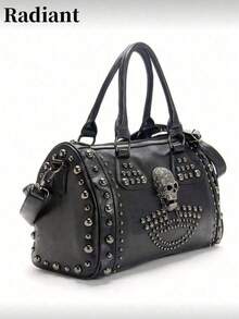 Skull Rivet Punk Pillow Handbag Large Capacity Women Shoulder Messenger Tote Bag Retro European American Style Halloween Party Gift - Black - View 1