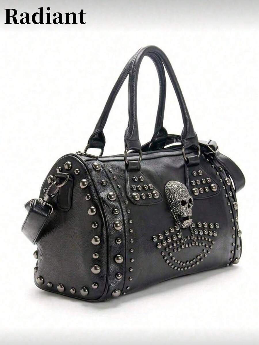 Skull Rivet Punk Pillow Handbag Large Capacity Women Shoulder Messenger Tote Bag Retro European American Style Halloween Party Gift - Black - View 1