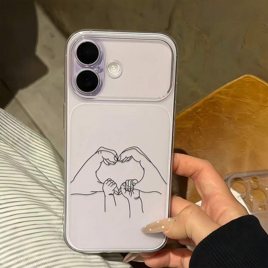 1pc Transparent White Parent-Child Heart Line Pattern Full Coverage Lens Protection Anti-Drop Anti-Collision Personalized Phone Case Compatible With IPhone 16 Pro Max/18/17/16/15/14 Plus/13/12/11/Air - Multicolor - View 1