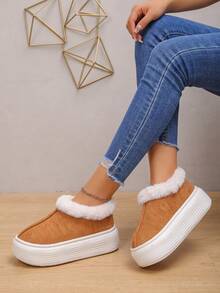Plus Size 36-41 Slouchy Versatile Bestseller Soft Textured Suede Thickened Lamb Fur Folded Collar Slip-On Easy Wear Daily Home & Outdoor Round Toe Platform Thick Sole Cloud-Like Comfort Height Increasing Non-Slip Warm Snow Boots - Brown Suede With White Faux Fur Trim - View 2