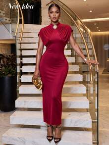 New Idea Women Fall Outfits High Neck Cap Sleeve Draped Ruched Maxi Dress Wedding Guest Evening Party Gown - Burgundy - View 6