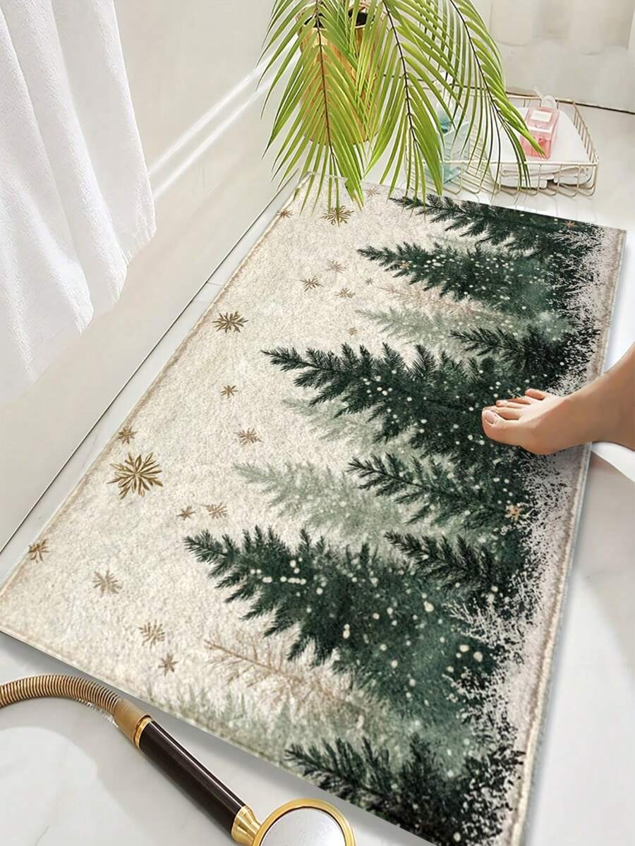 1pc 2D Flat Christmas Pine Forest Snowflake Bathroom Mat, Faux Cashmere Fluffy Carpet, Machine Washable, Room Decor Suitable For Doorway, Kitchen, Bathroom, Shower, Home Decoration - A - View 1