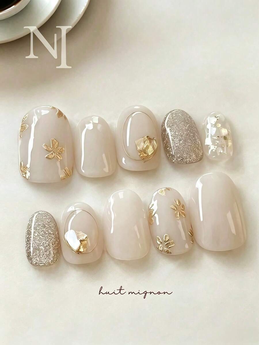 10pcs Handmade Short Oval Multicolor Y2K French Style Elegant Ice Crystal Translucent Minimalist Cat Eye Hand-Painted Floral Nail Stickers, Suitable For Women And Girls Autumn/Winter Holiday Party Daily Wear - Multicolor - View 1