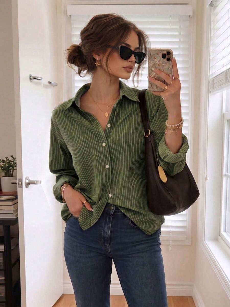 Women's Green Fine Striped Button Front Shirt Collar Top, Long Sleeve Regular Fit Polyester Blouse, Suitable For Autumn Commute - Olive Green - View 1
