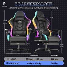 Devoko LED Gaming Chair With Massage, Computer Chair With Footrest And Massage Lumbar Cushion, Racing Gamer Chair Ergonomic With Adjustable Headrest, Office Chair Gaming Chair 130 Kg Load Capacity - Black - View 8