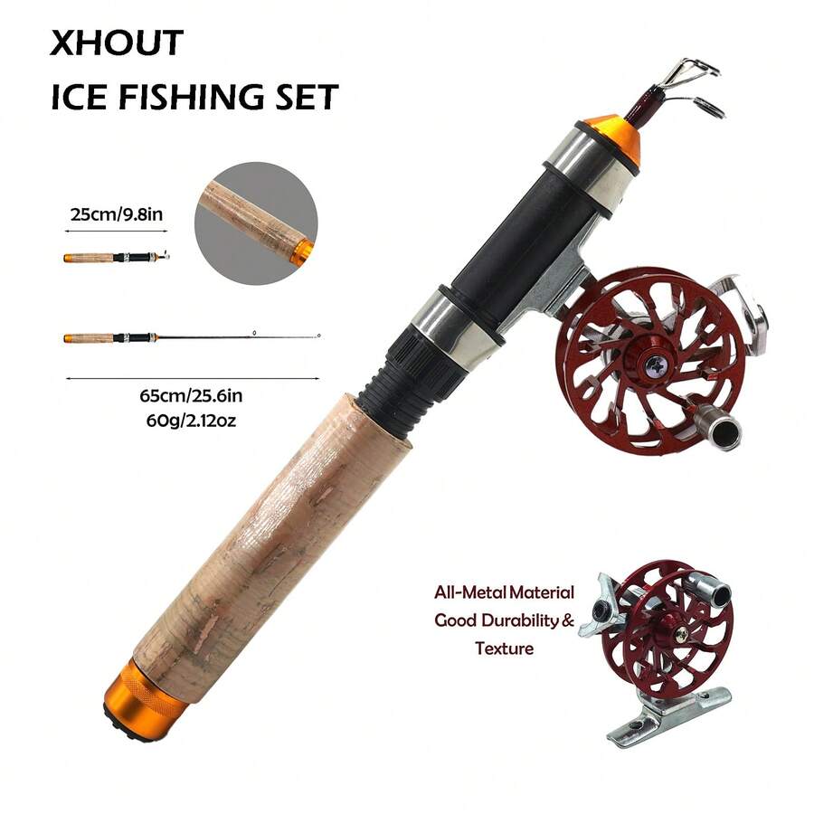 XHOUT 1Set Ice Fishing Rod And Reel Combo, Fishing Gear, Fishing Equipment, 25cm Collapsed 65cm Extended, Compact Portable, Sensitive Bite Feedback, Easy To Operate, For Ice Hole Winter Fishing, Outdoor Ice Angling Tackle For Anglers