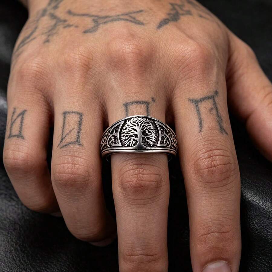 Tree Of Life Celtic Knot Men's Ring, Distressed Silver Black Embossed Pattern Ring, Personalized Men's Accessory, Christmas Gift - Multicolor - View 1