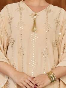 Intricate Embroidered Arabic Women's Dress 2026 Summer Autumn Apricot Elegant Saudi National Day Dress, JALABIYA Tassel V-Neck, Casual Travel Outfit - Apricot - View 8