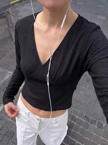 1pc Solid Color Criss-Cross V-Neck Ruched Texture Long Sleeve Women's Fitted Cropped Waist Top, Commute Daily Shopping Date Early Autumn Inner Layer Base Shirt - Black - View 8