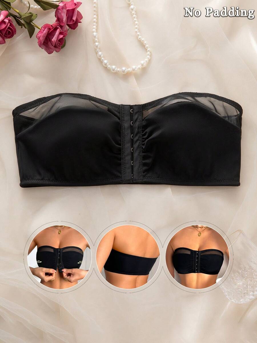 1pc Black Sexy Mesh Patchwork Front Buckle Bandeau Bra, Upgraded Anti-Slip Design, Strapless & Padded-Free Women's Lingerie - Black - View 1