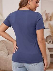 Plus Size Built-In -Shirt, Short Sleeve Ultra-Thin Seamless Top, Elastic Comfortable With Padded Cups, Everyday Basic Style - Navy Blue - View 4