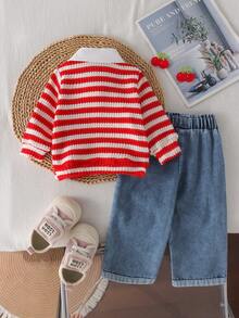 2pcs Baby Girl Casual Cute Collar Knit Top & Embroidered Denim Jeans Set, Thin Spring/Autumn - Red - View 3
