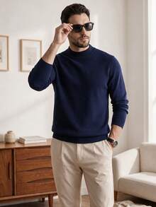 Men's Stand Collar Long Sleeve Solid Color Minimalist Casual Lightweight Knit Sweater, Autumn/Winter - Navy Blue - View 3