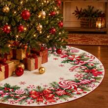 1pc Candy Cane Wreath Pattern Christmas Tree Skirt, Elegant Color Holiday Decoration, 5 Sizes, Unisex Holiday Gift, Suitable For Home And Party Christmas Decor - Candy Cane Wreath - View 5