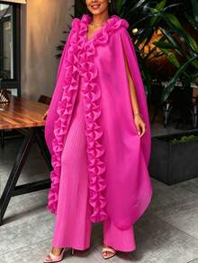 AOMEI 女款優雅柔軟寬鬆透視和服洋裝，附荷葉邊飾邊、前開襟與抽繩設計，婚禮賓客派對洋裝 - 玫紅色 - 查看 6