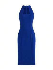 Women's Elegant Solid Color Zipper Off-Shoulder Party Dress, Suitable For Dates And Gatherings In Summer - Blue - View 5