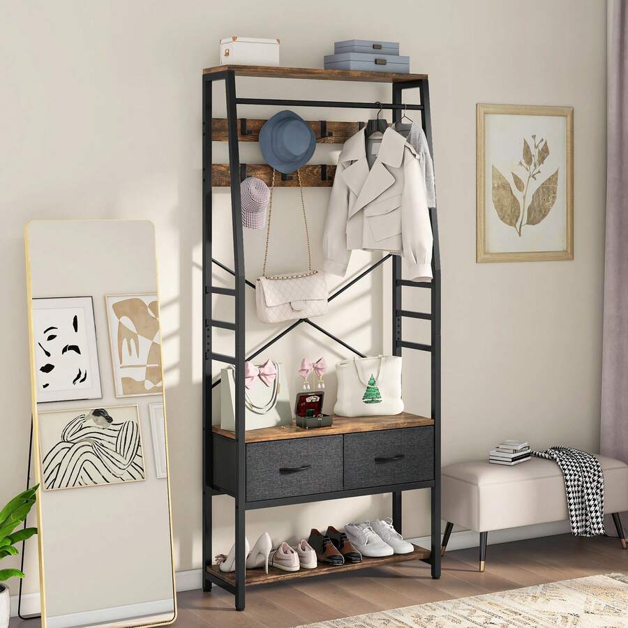 Yitahome Garderobenregal, 6-in-1-Garderobenständer mit 2 Schubladen, Standgarderobe mit Schuhablage, 8 Haken -von GeoTower-