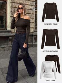 Women's 2pcs Set Frill Trim Square Neck Long Sleeve Knit Top, Elastic Ribbed Slim Fit Base Layer, Minimalist Casual Layering T-Shirt, Suitable For Autumn Daily And Office Commute Wear - White + Brown - View 5