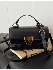 1pc Black Rhombus Quilted Mini Handbag, Vintage Gold Lock Chain Decor Top Handle Adjustable Strap Crossbody Shoulder Bag For Women - Black - View 5