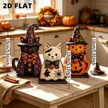 2D Flat Design 3pcs Cat Decor, Pumpkin Halloween Wooden Decorative Sign, Party Decoration, Holiday Gift, Home Wall Decor, Welcome Sign, Desktop Office Decor Ornament, Christmas Decoration - A - View 1