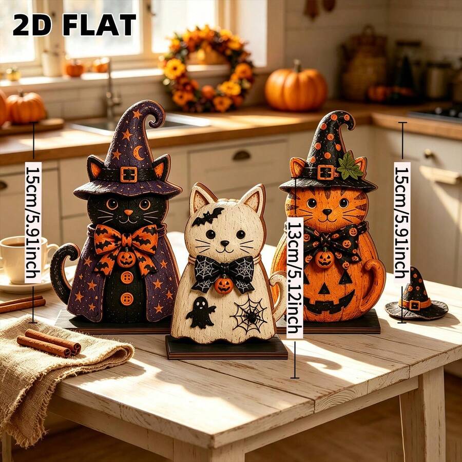 2D Flat Design 3pcs Cat Decor, Pumpkin Halloween Wooden Decorative Sign, Party Decoration, Holiday Gift, Home Wall Decor, Welcome Sign, Desktop Office Decor Ornament, Christmas Decoration - A - View 1