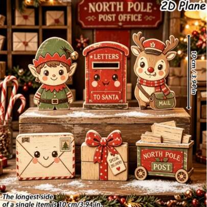 6pcs Christmas Print Decorative Wooden Signs, Santa Claus Style Christmas Theme Decor Plaques, Christmas Home Decor Ornaments, Cartoon Print Wooden Signs, Christmas Memorial Gifts