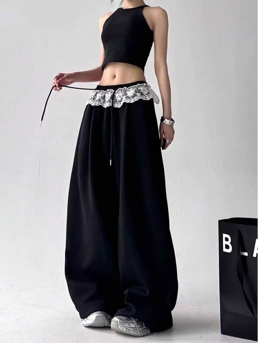 Women's Black Contrast Lace Wide Leg Long Pants Loose Bohemian Style, Slightly Elastic Fabric, Relaxed Fit - Black - View 1