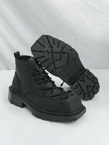 Black Square Toe Boots With Gradient Distressed Toe Cap, Contrast Color Thick Rope Shoelaces, Side Hidden Zipper, Thick Sole Design, Structured Silhouette, Clean Stitching, Men's Casual Winter Boots For Daily Wear And Style - Black - View 1