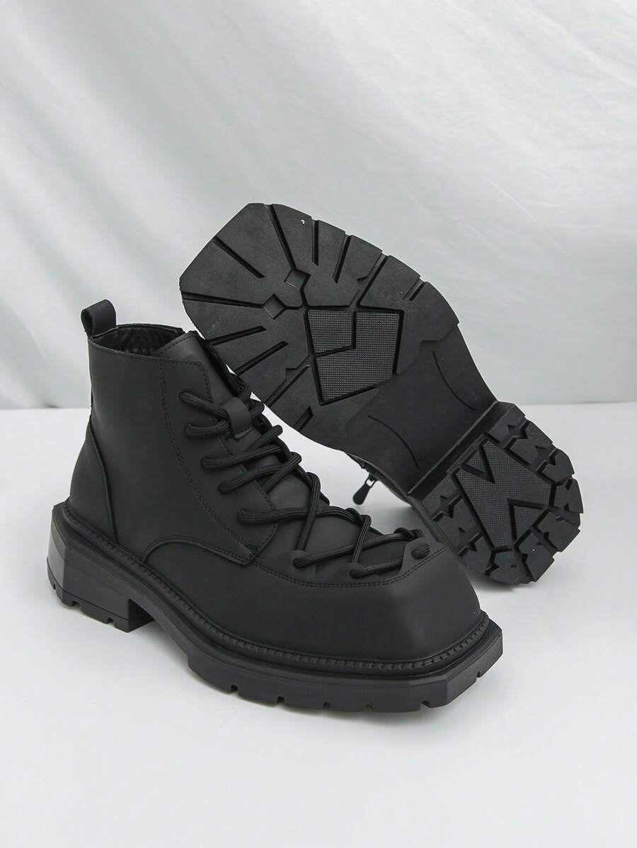 Black Square Toe Boots With Gradient Distressed Toe Cap, Contrast Color Thick Rope Shoelaces, Side Hidden Zipper, Thick Sole Design, Structured Silhouette, Clean Stitching, Men's Casual Winter Boots For Daily Wear And Style - Black - View 1