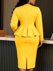 AOMEI Elegant Women Yellow Peplum Church Dress Long Sleeve Rhinestone Trim Layered Ruffle 3D Floral Bodycon Formal Party Wedding Guest Gown - Yellow - View 5