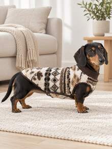 1PC Reversible Mini Dachshund Dog Coat , Fair Isle & Plaid Print Double Sided Sausage Dog Jacket, Slight Stretch Soft Warm Winter Wiener Dog Clothes For Mini And Standard Dackel Teckel Dogs - Brown - View 6