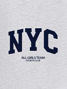 Girls NYC Letter Print Sweatshirt + Matching Wide Leg Sweatpants 2pcs Set, Heather Grey College Style Tween Girls Outfit - Light Grey - View 4