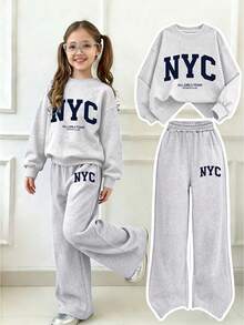 Girls NYC Letter Print Sweatshirt + Matching Wide Leg Sweatpants 2pcs Set, Heather Grey College Style Tween Girls Outfit - Light Grey - View 1