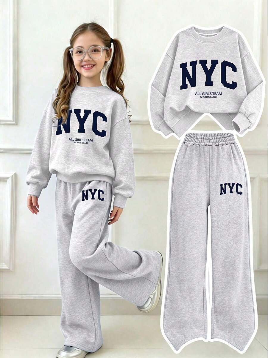 Girls NYC Letter Print Sweatshirt + Matching Wide Leg Sweatpants 2pcs Set, Heather Grey College Style Tween Girls Outfit - Light Grey - View 1