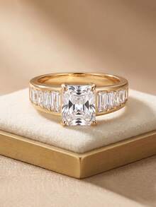Gift Box Style Luxury Emerald Cut Ring, Rectangular Zirconia With Four-Prong Setting, Sparkling Fashion Jewelry, Suitable For Women's Wedding Or Engagement Gift - Gold - View 17