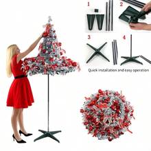 6FT/7FT Foldable Pop-Up Christmas Tree, Flocked Green Xmas Tree With Red Ornaments & Ribbon Bows, Quick Assembly Collapsible Holiday Tree With Stand For Living Room, Office, Store, Christmas Party & Winter Decor - Multicolor - View 7