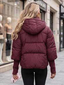 Women's Quilted Puffer Jacket, Detachable Hood, Knit Cuffs, Zip Front, Relaxed Fit - Burgundy - View 3