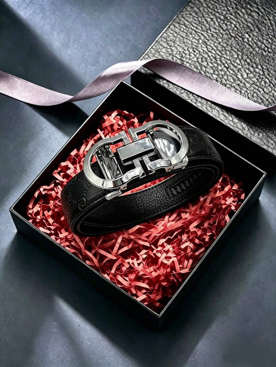 1pc Fashion Classic Men's Business Automatic Buckle Belt, Hollow Letter Alloy Buckle PU Leather Strap, Durable Wear-Resistant Rust-Proof, Supports Free Length Trimming, Suitable For Daily Work Accessory - Multicolor - View 1