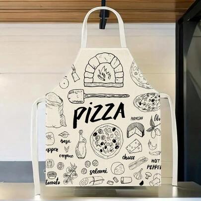 1 Buah Celemek Dapur, Motif Sketsa Bahan Pizza yang Digambar Tangan, Untuk Memasak dan Memanggang di Rumah