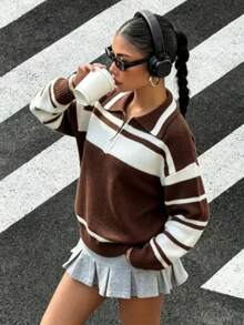 Women Striped Half Zip Polo Collar Long Sleeve Knit Sweater, Casual Loose Cropped Pullover Jumper For Fall - Coffee Brown - View 2