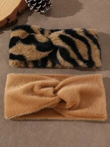 2pcs Women's Autumn/Winter Plush Wide Twisted Headband, Faux Tiger Animal Print, Camel Color Elastic Hairband, Warm Soft Elastic Hairband, Suitable For Winter Daily Outdoor Party Hair Decoration - Coffee-colored - View 6