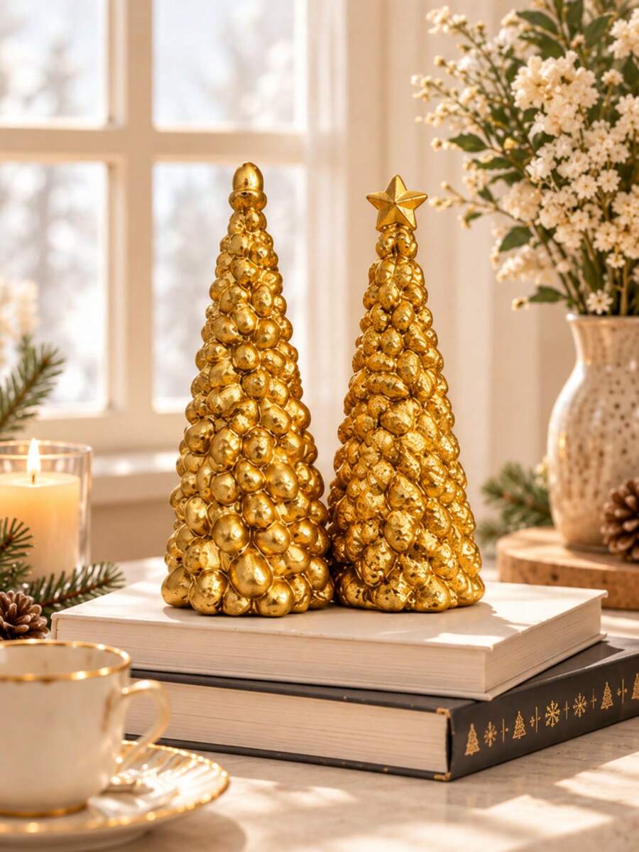 Gold Christmas Tree Tabletop Decor, Elegant Holiday Centerpiece, Star-Topped Festive Home Decoration, Suitable For Living Room, Mantel, Bookshelf, Dining Table, Winter Party, Christmas Wedding And Seasonal Holiday Display - Multicolor - View 1