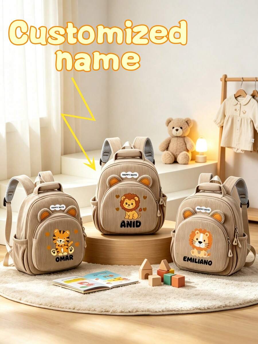 1pc Mini Personalized Bear Backpack, Casual Versatile Lion & Tiger Theme Print, Zipper Closure, Nylon Material, Adjustable Shoulder Strap, Hand-Carry, Suitable For School, Shopping, Daily Outings, Outdoor Trips. Birthday Gift. - Multi-color-striped Fleece 2501 - View 1
