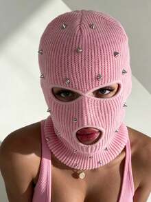 1pc Women's Rivet 3-Hole Balaclava Hat, Street Y2K Warm Knitted Hat, Outdoor Skiing Warm Face Mask Hat Scarf All-In-One, Suitable For Street Y2K - Multicolor - View 6