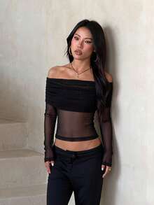Autumn Black Off-Shoulder Mesh Long Sleeve Top Party Date Street - Black - View 3