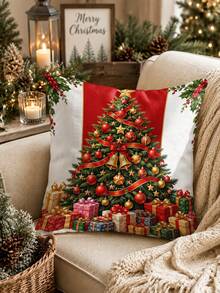 Vintage Country Style Christmas Tree Table Runner, Pillow Case, Placemat With Red Ribbon, Gold Bell, Gift Box And Holly Pattern, European And American Holiday Table Decor, Long Party Decoration - Multicolor - View 7