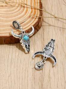 1pc Western Cowboy Style Vintage Bull Head Stud Earrings (Unisex) - Vintage White Gold 3 - View 2