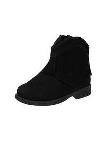 1 Pair New Fashionable Cute Ankle Boots For Infants And Toddlers, Fringed Side Zipper Faux Suede Western Cowboy Boots, Suitable For Parties, School, Outdoor - Black - View 1