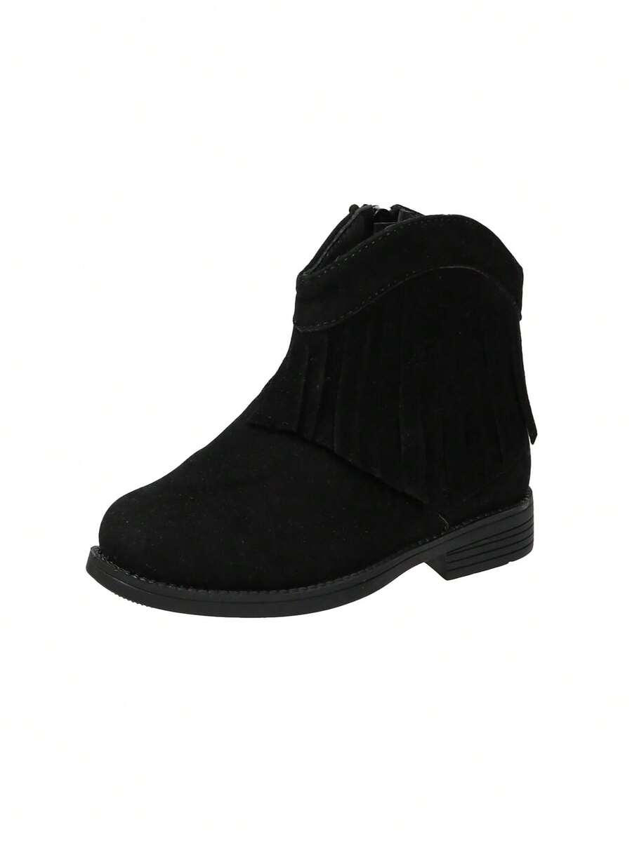 1 Pair New Fashionable Cute Ankle Boots For Infants And Toddlers, Fringed Side Zipper Faux Suede Western Cowboy Boots, Suitable For Parties, School, Outdoor - Black - View 1