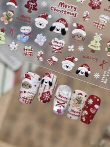 1Sheet Sweet Cartoon Christmas Nail Art Decals Santa‑Hat Animal Face Gingerbread Man Multicolor Tree Stocking Gift Box Snowflake Bow Cute Merry Christmas Design Self‑Adhesive Nail Sticker DIY Nail Decor For Christmas Gathering - Multicolor - View 1